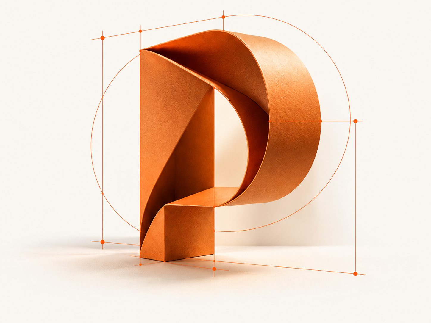 Escultura abstrata laranja inspirada na letra P, com guias de construção que representam design e planejamento.