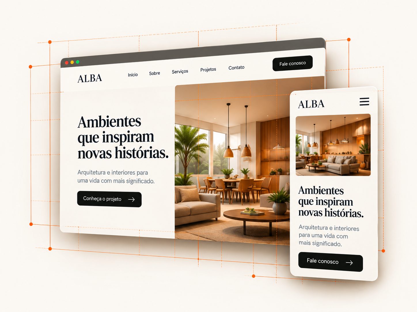 Conceito ilustrativo de um site de interiores em versões desktop e celular, com guias de design.