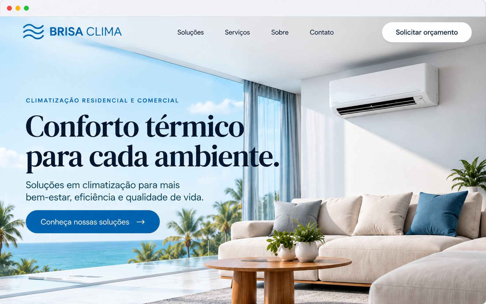 Preview ilustrativo do site fictício Brisa Clima, com sala climatizada e interface azul.