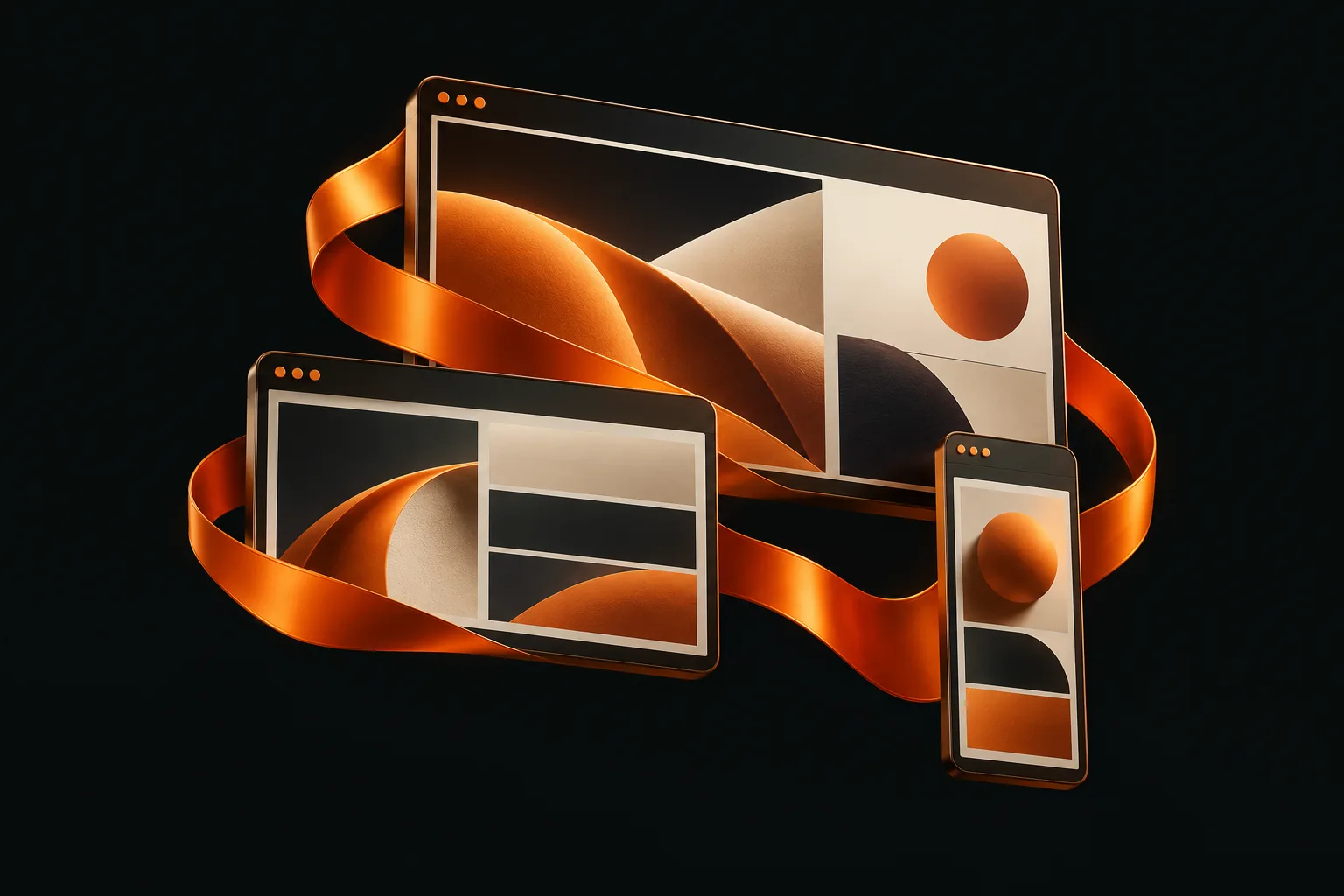 Composição ilustrativa de interfaces em computador, tablet e celular, envolvidas por uma fita laranja.