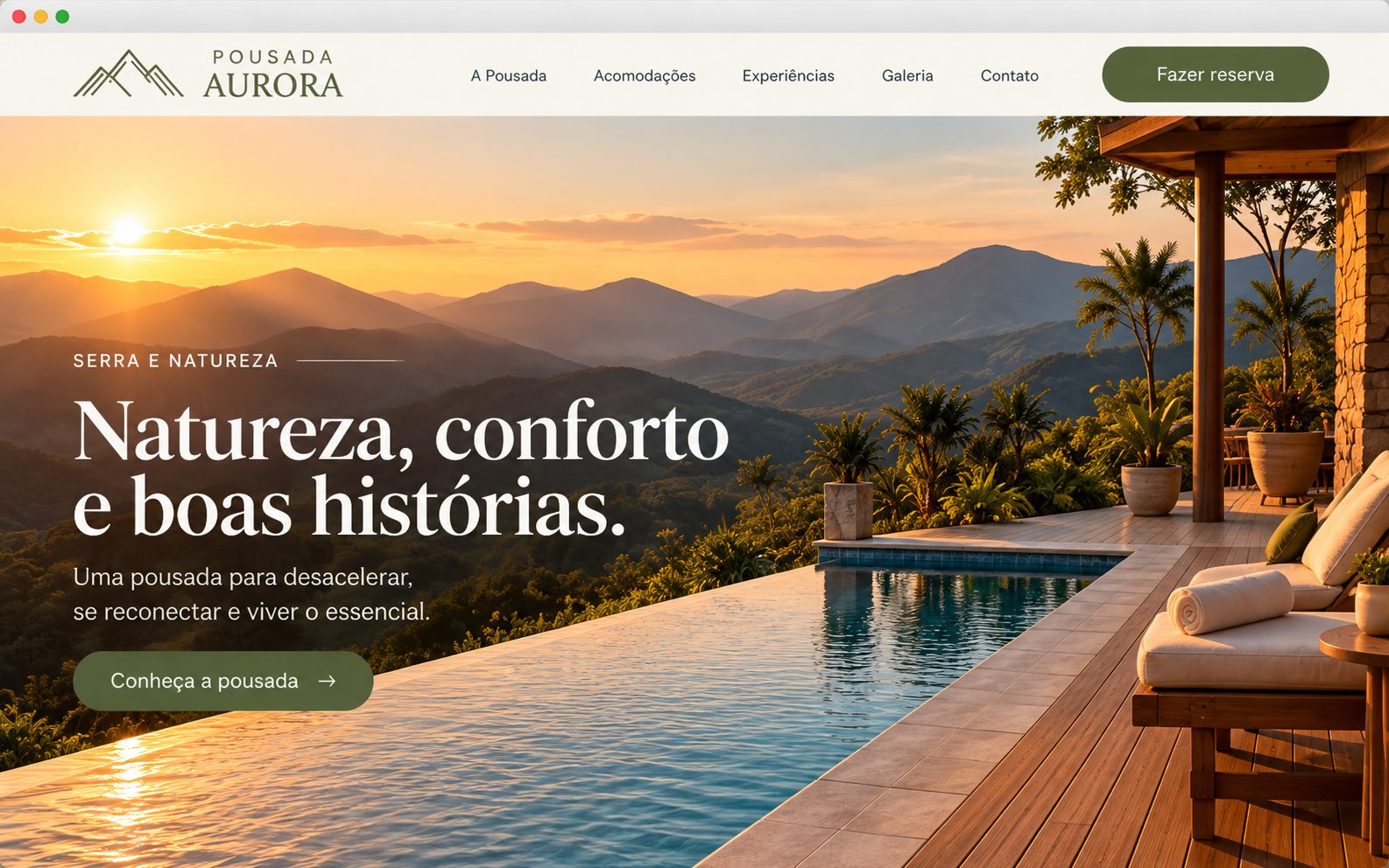 Preview ilustrativo do site fictício Pousada Aurora, com piscina e montanhas ao pôr do sol.