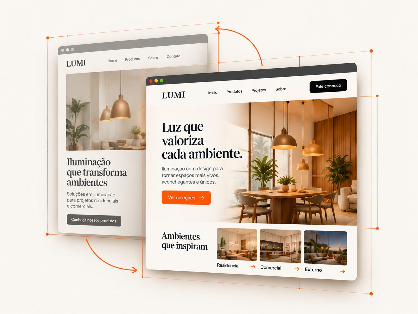 Ilustração de duas versões de um site fictício de iluminação, com interfaces sobrepostas e guias laranja de transformação.