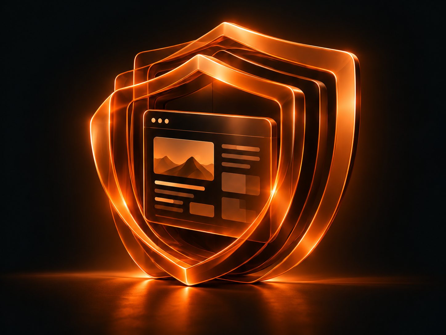 Ilustração de camadas de escudos laranja envolvendo uma interface de site, representando prevenção e proteção.