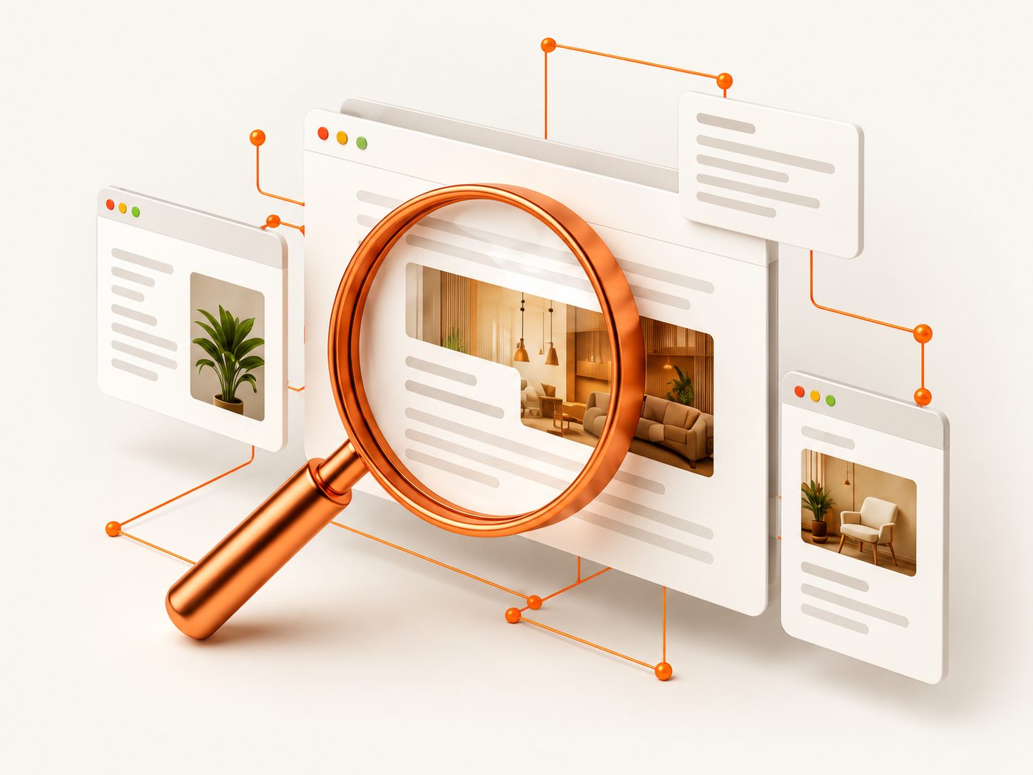 Ilustração de uma lupa laranja sobre páginas de um site fictício, conectadas por linhas que representam a arquitetura do conteúdo.