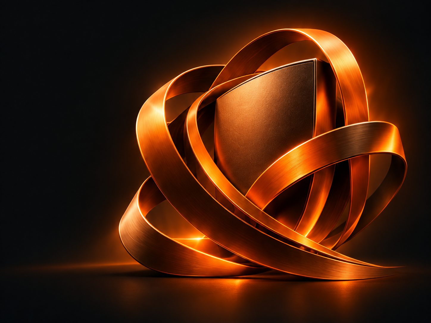 Escultura abstrata laranja envolvendo um escudo, representando proteção.