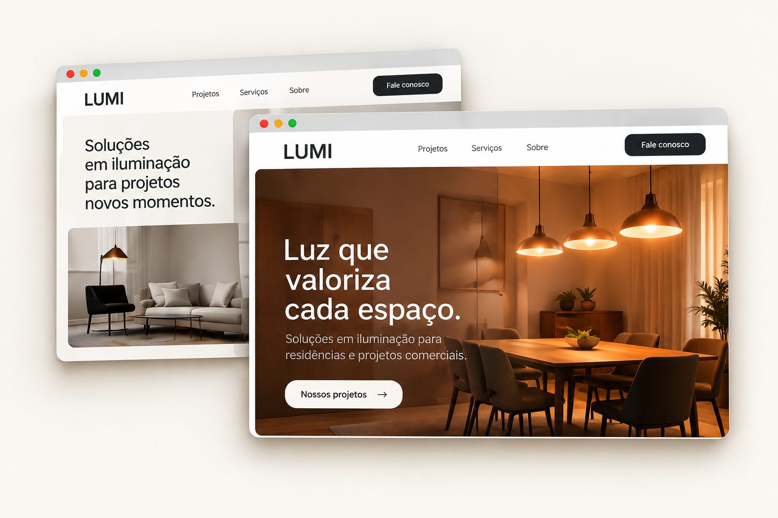 Conceito ilustrativo de evolução do design de um site, em duas janelas.